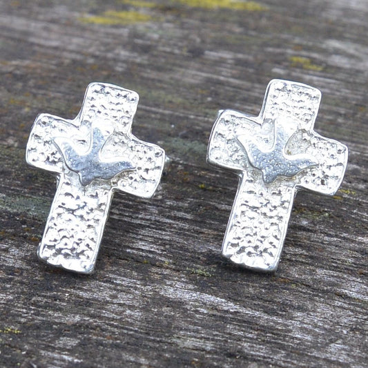 Cross and Dove Cufflinks, Handcast Pewter Cufflinks, Polished Finish