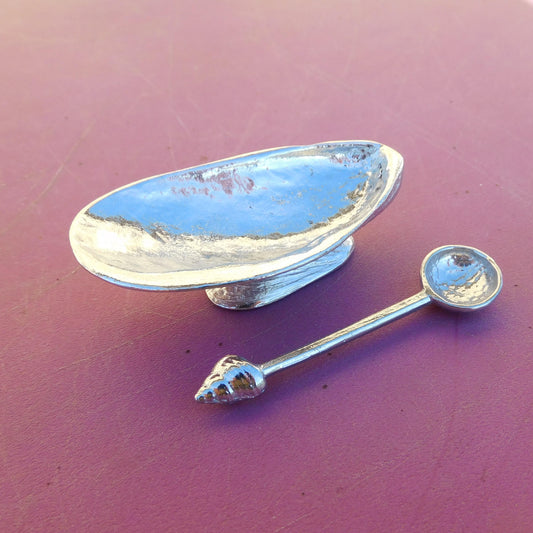Mussel shell Salt Bowl With Pewter Spoon, Condiment Bowl, Handmade, , Hand Crafted, House warming Gift, In Fine Pewter, By William Sturt