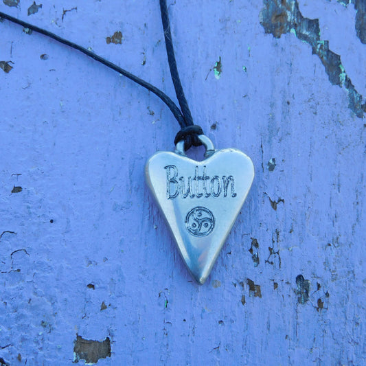 BDSM Heart Pendant engraved "Button" (Clit), or personalised with your word, handmade in Fine Pewter, adjustable cord, William Sturt