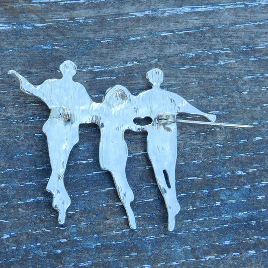 Dancing Figures Brooch, Handcast Pewter Brooch, Polished Finish