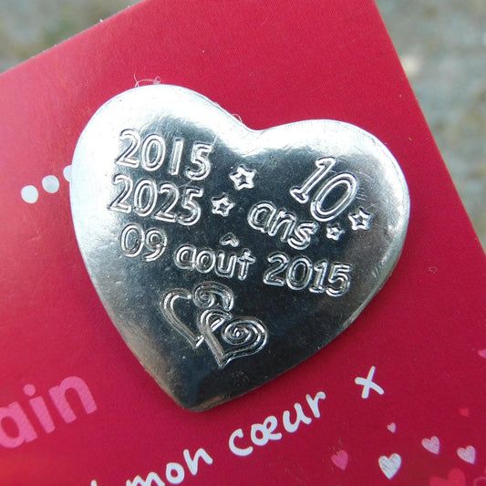 Personalised Heart Token, Tin Anniversary 10 Dix Ans, Custom Date and Years, William Sturt Fine Pewter