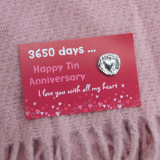 Pewter Heart Token, 3650 Days Anniversary Gift, Handmade Keepsake Card