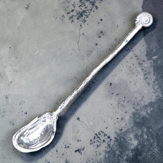 Handcast Pewter Mussel Shell and Ammonite Jam Spoon, Long Serving Spoon