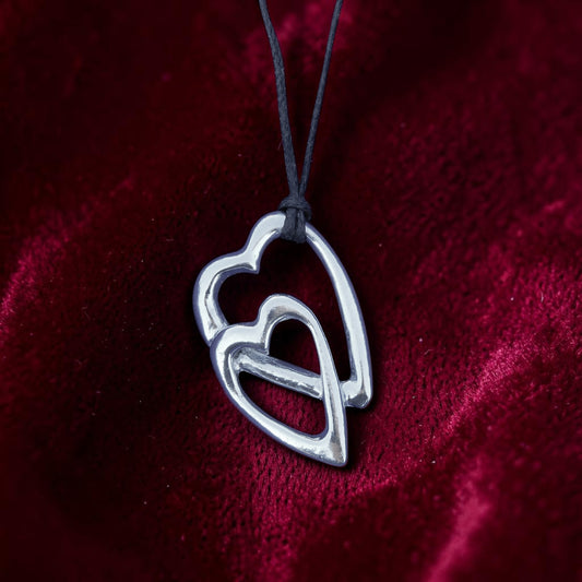 Double Heart Pendant Necklace, Handcast Pewter on Adjustable Waxed Cord