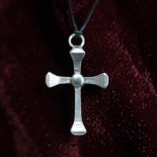 Horseshoe Nail Cross Pendant, Handcast Pewter Rustic Cross Necklace on Adjustable Cord