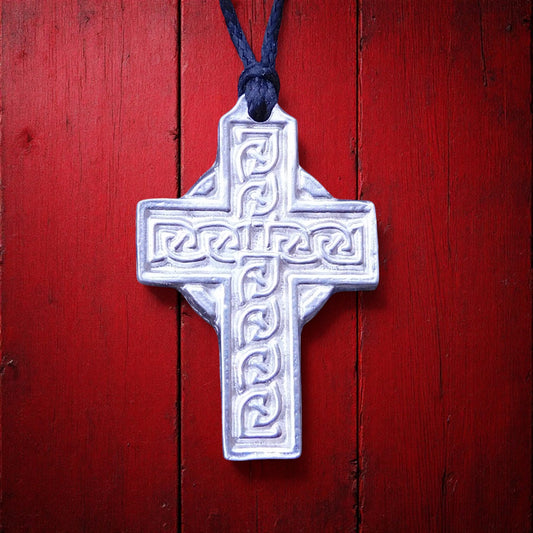 Celtic Cross Pendant Necklace (Knotwork Design), Handcast Pewter Pendant on Adjustable Waxed Cord