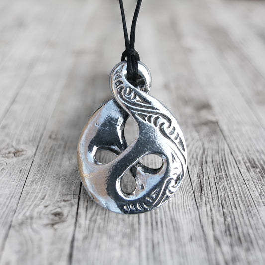 Crossover Infinity Pendant, Handcast Pewter Necklace on Adjustable Waxed Cord