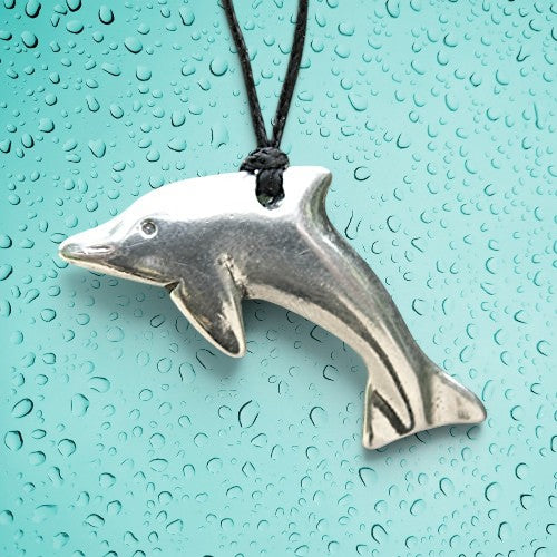 Dolphin Pendant Necklace, Handcast Pewter on Adjustable Waxed Cord