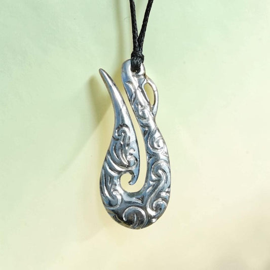 Engraved Fish Hook Pendant Necklace (Carved Design), Maori-Inspired Handcast Pewter Pendant on Adjustable Waxed Cord
