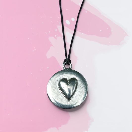 Heart Pendant Necklace, Raised Heart Design, Handcast Pewter on Adjustable Waxed Cord