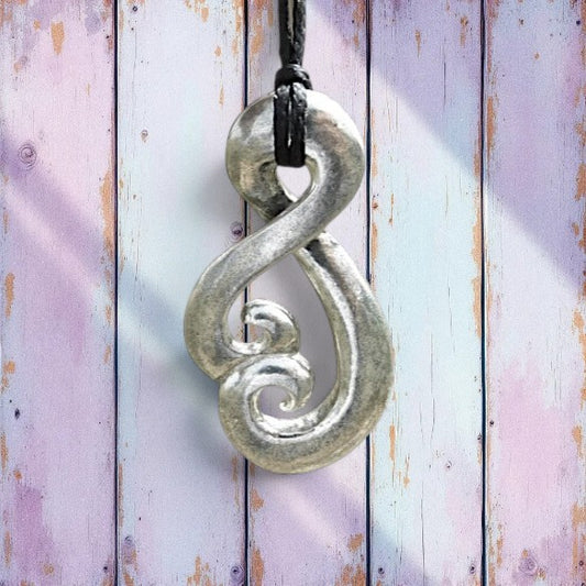 Infinity Loop Pendant Necklace (Open Twist Design), Handcast Pewter Pendant on Adjustable Waxed Cord