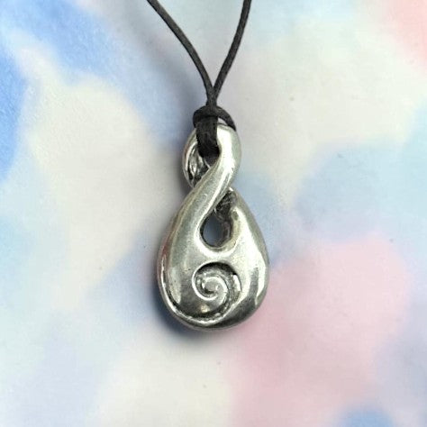 Infinity Loop Pendant Necklace with Koru Spiral, Handcast Pewter Pendant on Adjustable Waxed Cord