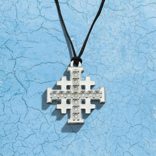 Jerusalem Cross Pendant, Dimpled Finish, Handcast Pewter, Polished, with Chain or Cord