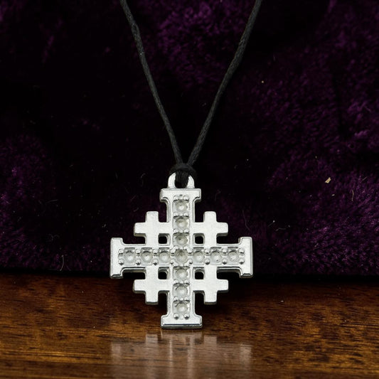 Jerusalem Cross Pendant, Dimpled Finish, Handcast Pewter, Polished, with Chain or Cord