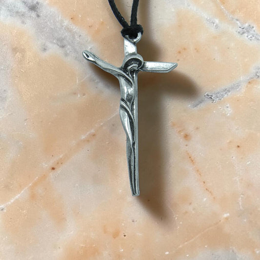 Crucifix Pendant Necklace, Handcast Pewter Cross with Christ Figure on Adjustable Waxed Cord