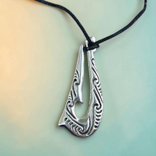 Maori Fish Hook Pendant Necklace (Kia Kaha Design), Handcast Pewter Pendant on Adjustable Waxed Cord