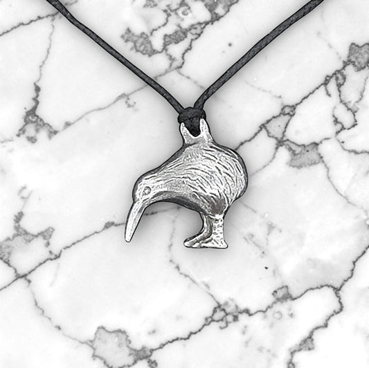 Kiwi Bird Pendant Necklace, Handcast Pewter on Adjustable Waxed Cord