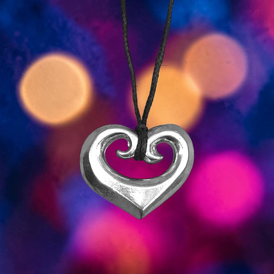 Koru Heart Pendant Necklace, Solid Heart Design with Spiral Detail, Handcast Pewter on Adjustable Cord
