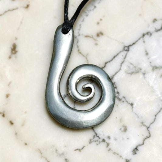 Koru Spiral Pendant Necklace, Larger Design, Handcast Pewter on Adjustable Waxed Cord
