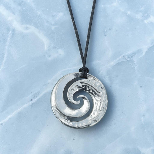 Koru Wave Spiral Pendant Necklace, Handcast Pewter Pendant on Adjustable Waxed Cord
