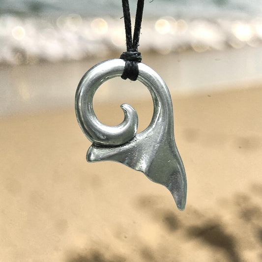Whale Tail Pendant Necklace (Spiral Design), Handcast Pewter Pendant on Adjustable Waxed Cord