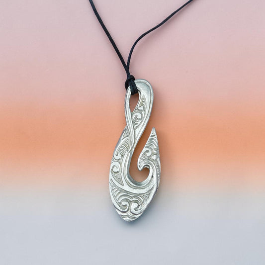 Engraved Maori Fish Hook Pendant Necklace (Large Design), Handcast Pewter Pendant on Adjustable Waxed Cord