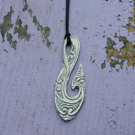 Engraved Maori Fish Hook Pendant Necklace (Large Design), Handcast Pewter Pendant on Adjustable Waxed Cord