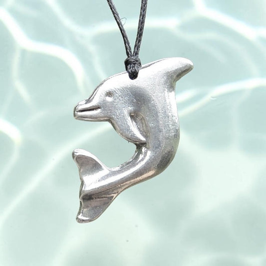 Leaping Dolphin Pendant Necklace, Handcast Pewter Pendant on Adjustable Waxed Cord