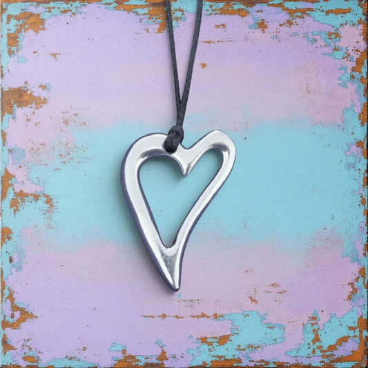 Heart Pendant Necklace, Open Heart Design, Handcast Pewter on Adjustable Waxed Cord