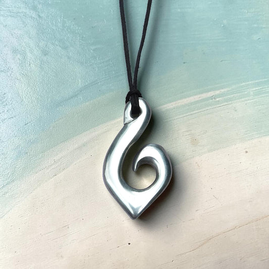 Maori Fish Hook Pendant Necklace (Pointed Design), Handcast Pewter Pendant on Adjustable Waxed Cord