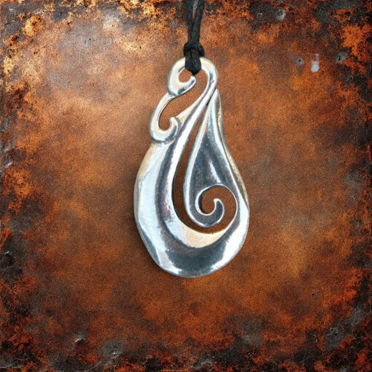 Fish Hook Pendant Necklace (Simple Curved Design), Maori-Inspired Handcast Pewter Pendant on Adjustable Waxed Cord