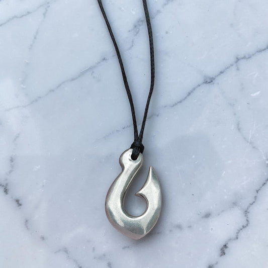 Maori Fish Hook Pendant Necklace (Small), Handcast Pewter Pendant on Adjustable Waxed Cord