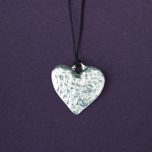 Heart Pendant Necklace (Textured Design), Handcast Pewter Pendant on Adjustable Waxed Cord