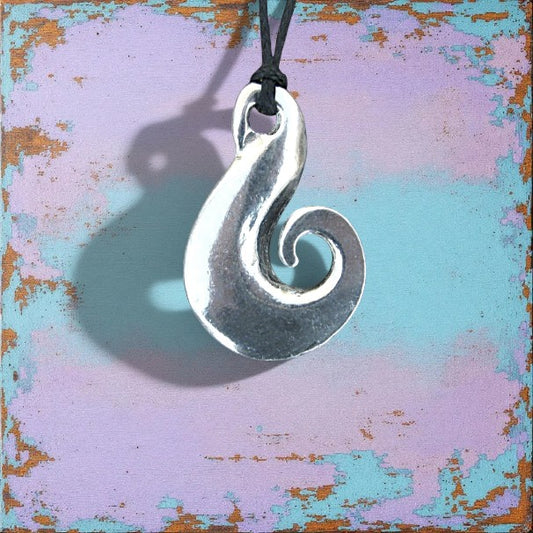 Koru Drop Pendant Necklace, Handcast Pewter on Adjustable Waxed Cord