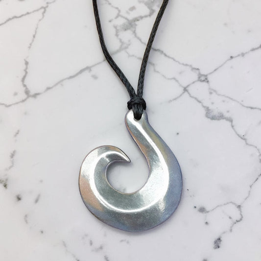Fish Hook Pendant Necklace (Spiral Design), Maori-Inspired Handcast Pewter Pendant on Adjustable Waxed Cord