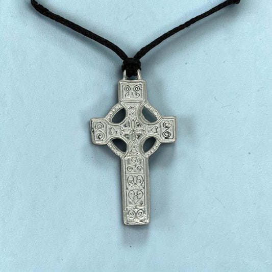 Traditional Celtic Cross Pendant Necklace, Handcast Pewter Pendant on Adjustable Waxed Cord