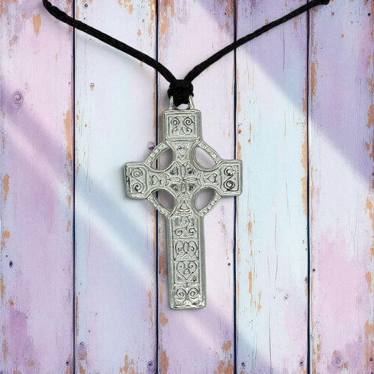Traditional Celtic Cross Pendant Necklace, Handcast Pewter Pendant on Adjustable Waxed Cord