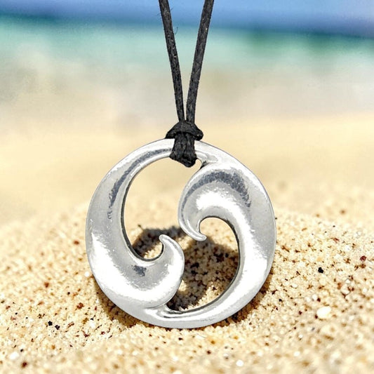Twin Wave Pendant Necklace, Handcast Pewter on Adjustable Waxed Cord