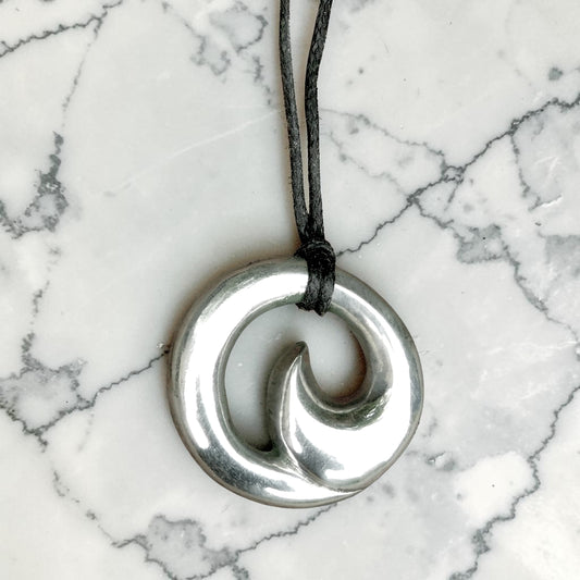 Maori Wave Pendant Necklace (Large), Handcast Pewter Pendant on Adjustable Waxed Cord