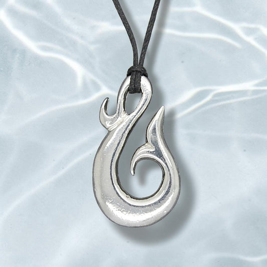 Whale Tail Hook Pendant Necklace, Handcast Pewter Pendant on Adjustable Waxed Cord