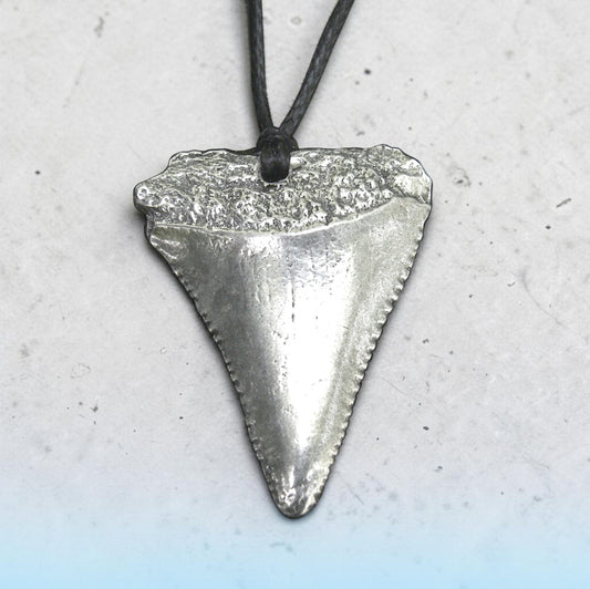 Great White Shark Tooth Pendant, Cast from Real Tooth in Handcast Pewter on Adjustable Waxed Cord