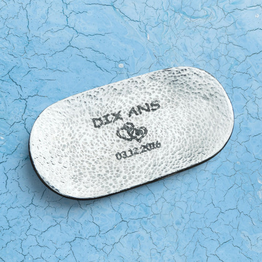 Hammered Personalised 10th Anniversary Pewter Keepsake Dish, Oval Design