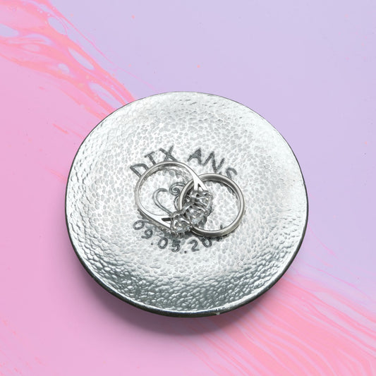 Personalised 10th Anniversary Pewter Keepsake Dish, Round Design with Date