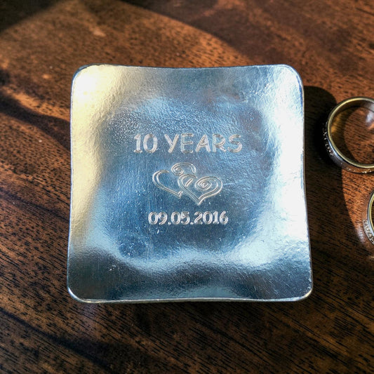 Personalised 10th Anniversary Pewter Keepsake Dish (Square), Handmade by William Sturt