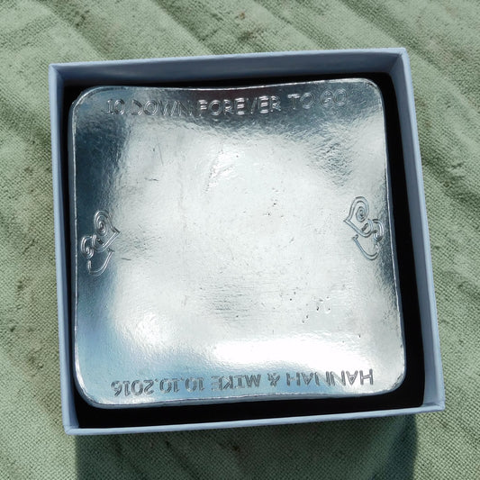 Personalised 10th Anniversary Pewter Keepsake Dish, Square Design, 10 DOWN FOREVER TO GO