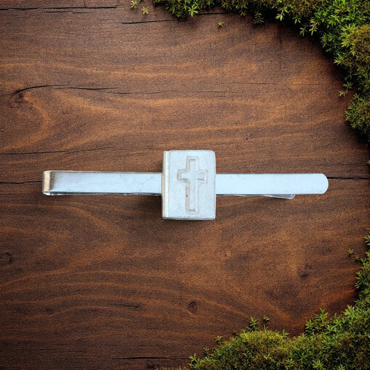 Bible Tie Clip with Raised Cross, Handcast Pewter Tie Clip, Polished Finish