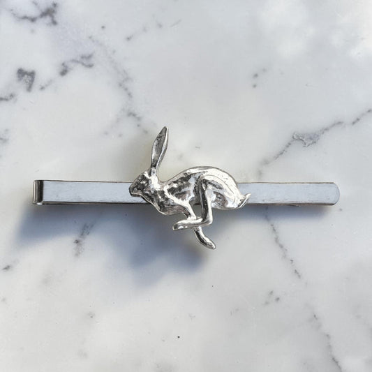 Hare Tie Clip (Running Design), Handcast Pewter Tie Clip, Polished Finish