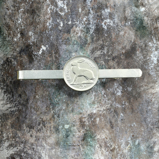 Irish Threepence Coin Tie Clip, Handcast Pewter Tie Clip, Polished Finish