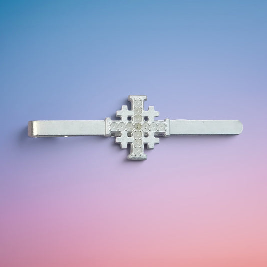 Jerusalem Cross Tie Clip (Dimpled Finish), Handcast Pewter Tie Clip, Polished Finish