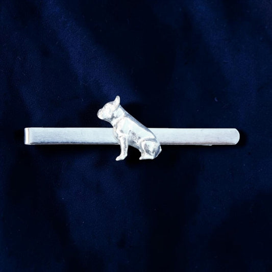 French Bulldog Tie Clip (Sitting Dog), Handcast Pewter Tie Clip, Polished Finish